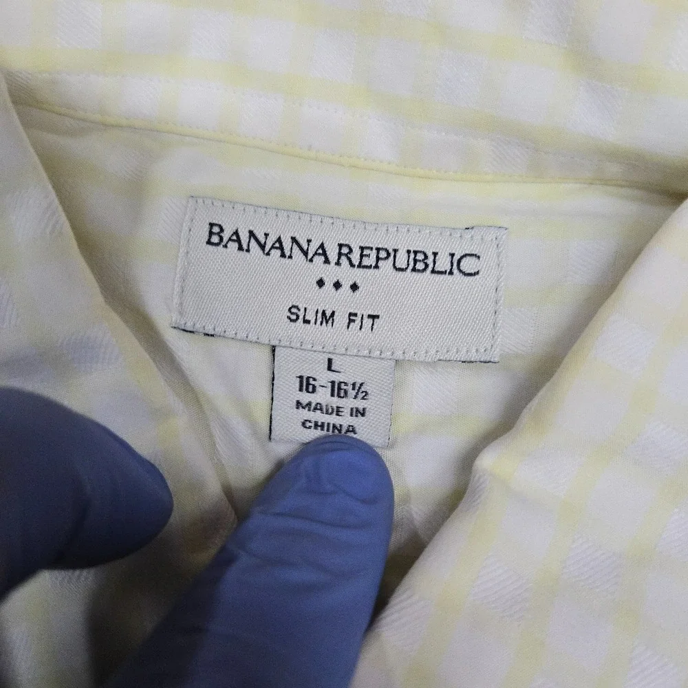 Banana Republic Shirt Mens Large 16 White Yellow Check Button Up Down Dress